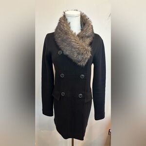 CAbi Manor Coat Black Double Breasted Faux Fur Collar Size XS